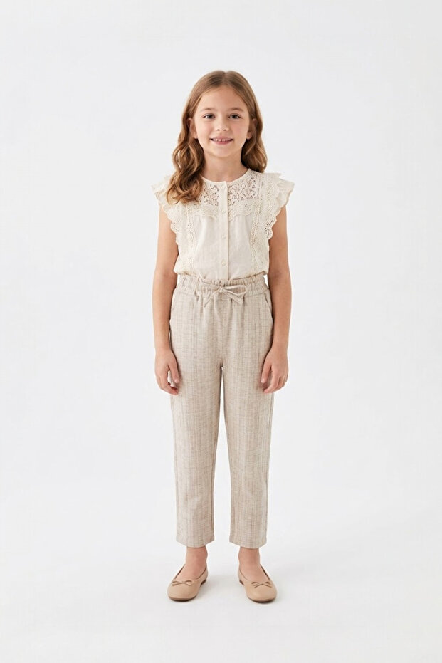 Girl's 100% Linen Textured Cream Color Pocketed Elastic Waist Drawstring Pants