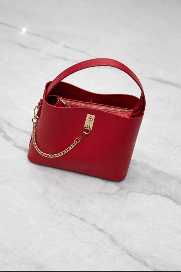 Women's 3-Compartment Square Model Chain Detail Handbag and Shoulder Bag Red