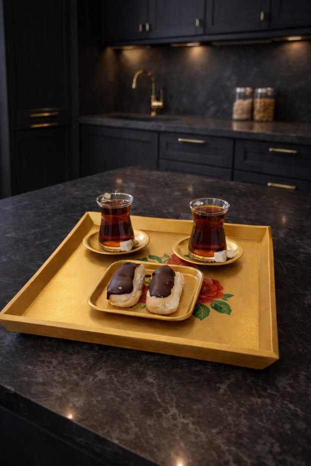 Gold Color Hand Painted Flower Patterned Square Tea, Coffee, Promise Engagement Decorative Serving Presentation Tray