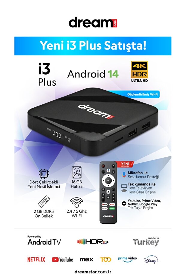 i3 Plus | Android TV Box | Android 14 | Sesli Komut Desteği | 6K Ultra HD | WiFi | HDMI Kablo Hediye - 1