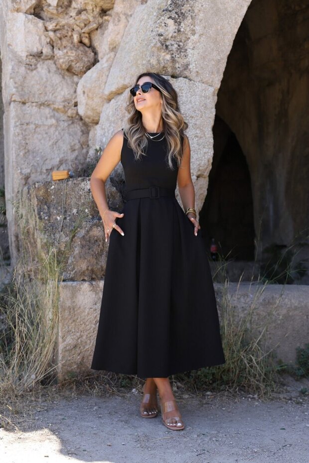Black halter neck belted flared dress