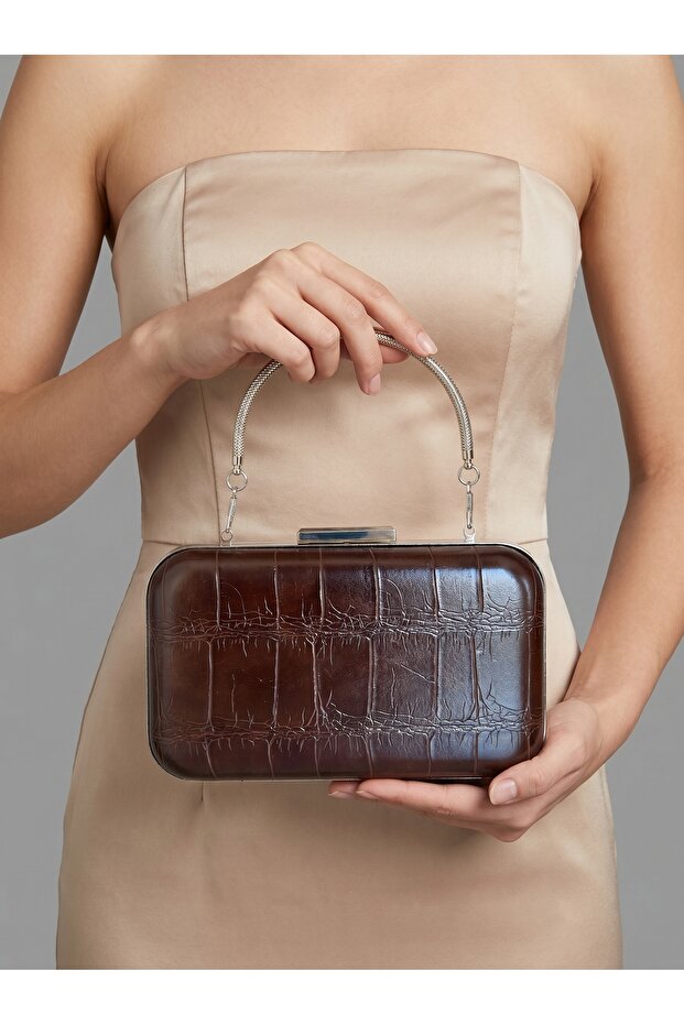 Brown Silver Detailed Thick Crocodile Patterned Women's Evening Dress Bag Wedding Engagement Graduation