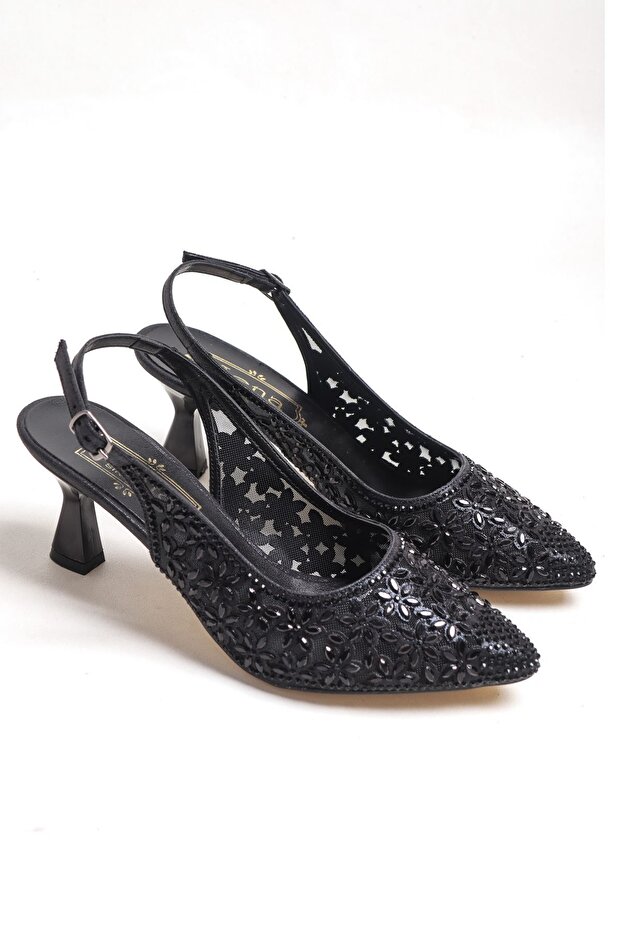 Tulle Stone Detailed Medium Heel Pointed Toe Evening Dress Shoes
