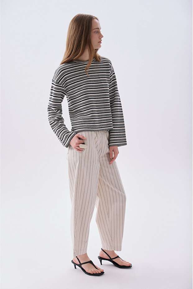 Women's Ecru Striped Comfort Fit Trousers with Elastic Waist
