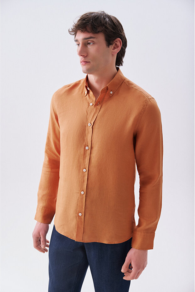Men's Brown Slim Fit Long Sleeve Linen Shirt