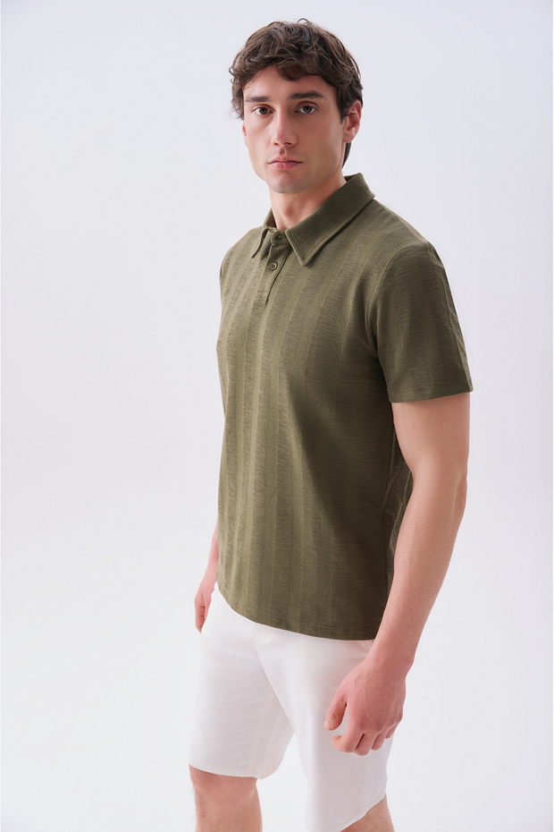 Men's Green Striped Polo Neck T-Shirt