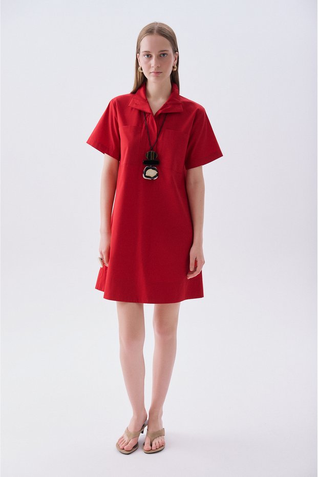 Women's Red Polo Collar Short Sleeve Mini Dress with Pocket Detail