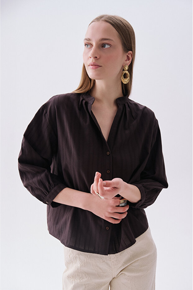 Women's Brown Striped V-Neck Long Sleeve Shirt