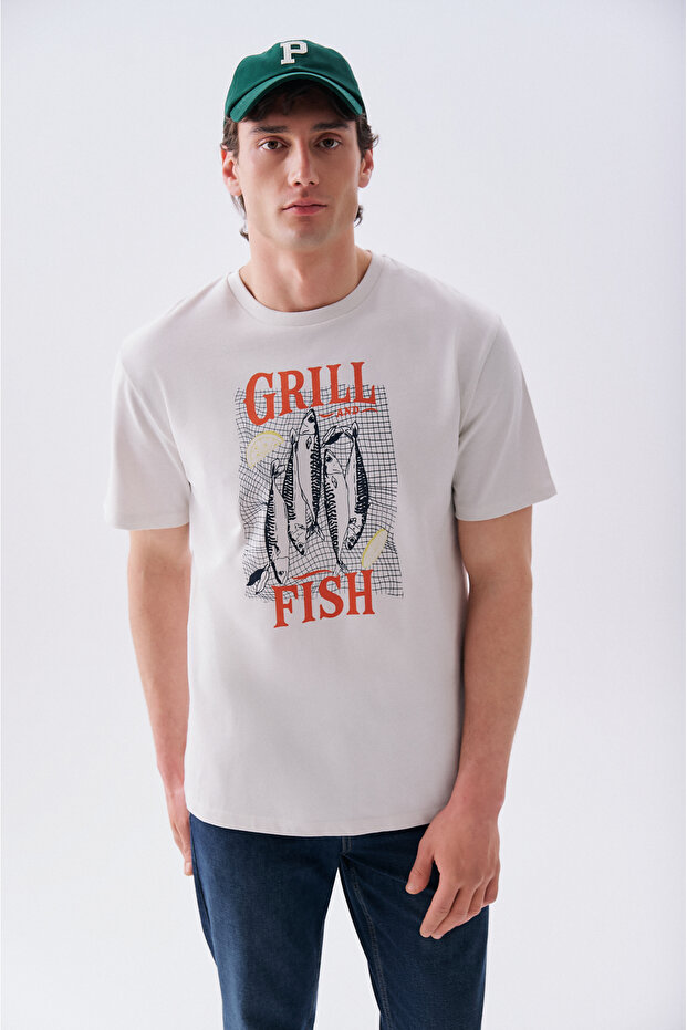 Men's Off-White Printed Loose Fit Crew Neck T-Shirt