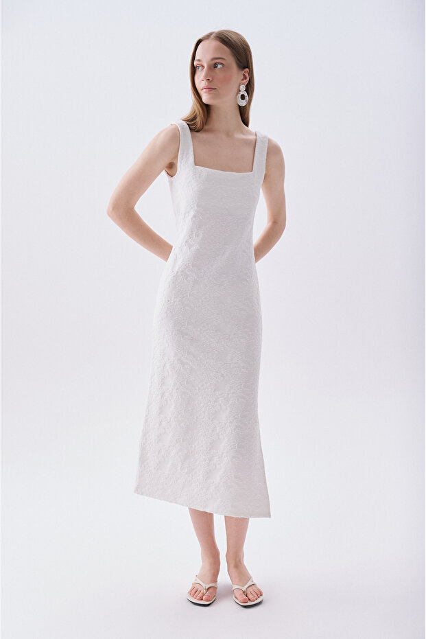 Women's White Jacquard Sleeveless Midi Dress