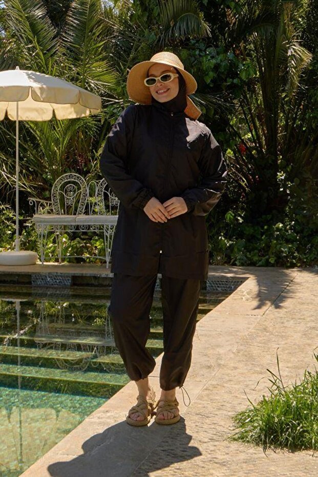 Women's Full Covered Black Parachute Hijab Swimsuit