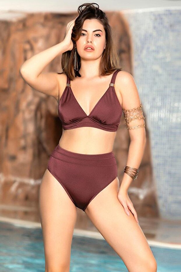 Bikini Set with Wrap Neckline, High-Waist, Shaping / Sculpting , and Terracotta Color.