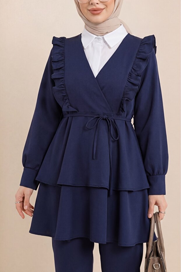 Ruffled Front Lace-Up Skirt and Layered Trousers Kimono Set -Laci
