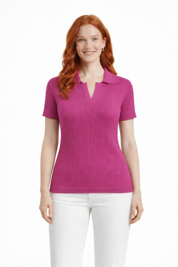 Striped Polo Collar Ribbed Knit Sweater