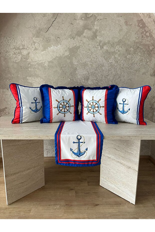 Marine Themed 5-Piece Combination Throw Pillow Cover and Runner Set (Ribbed and Fringed)