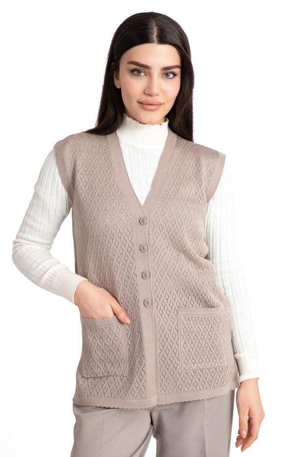 Women's Middle Age and Above Mercerized Pocketed Buttoned Rolax Mother Vest 745