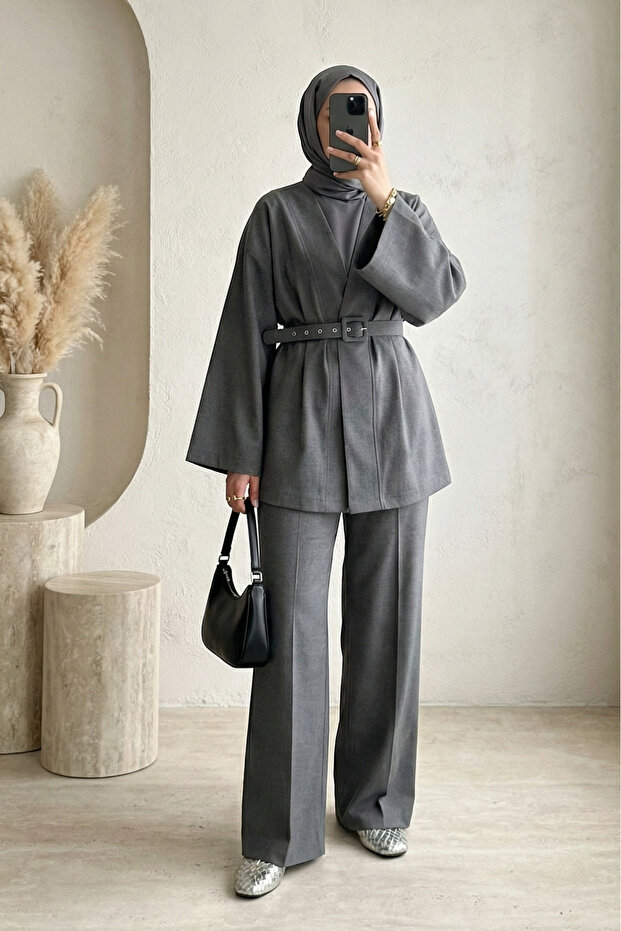 Belted Kimono Pants Set - Smoke