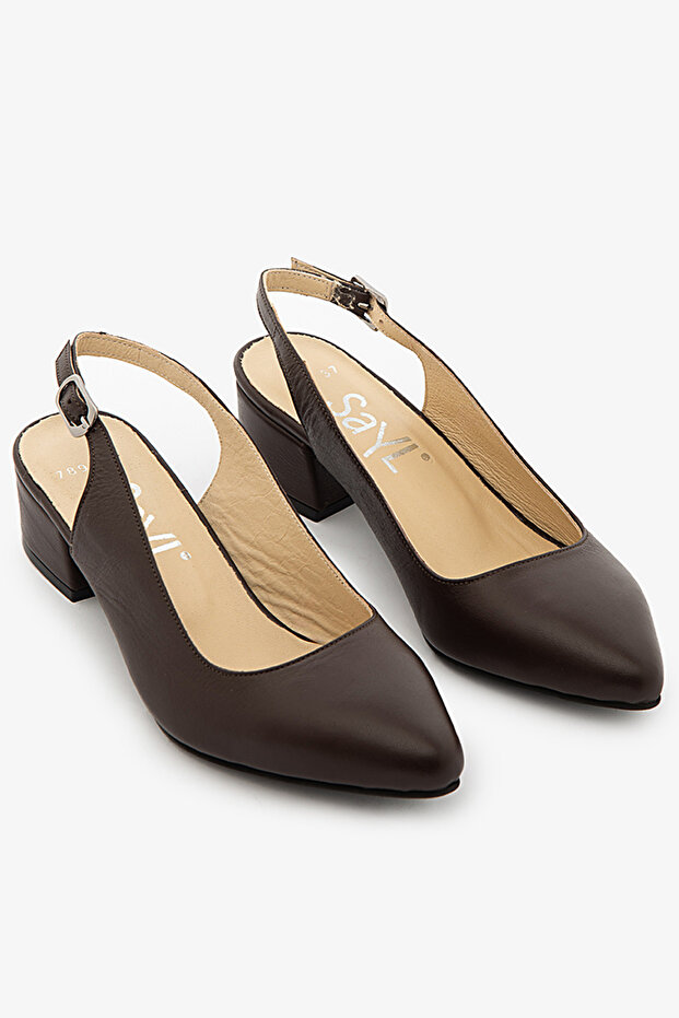 Brown Genuine Leather Women's Slingback Open-Back Heeled Shoes