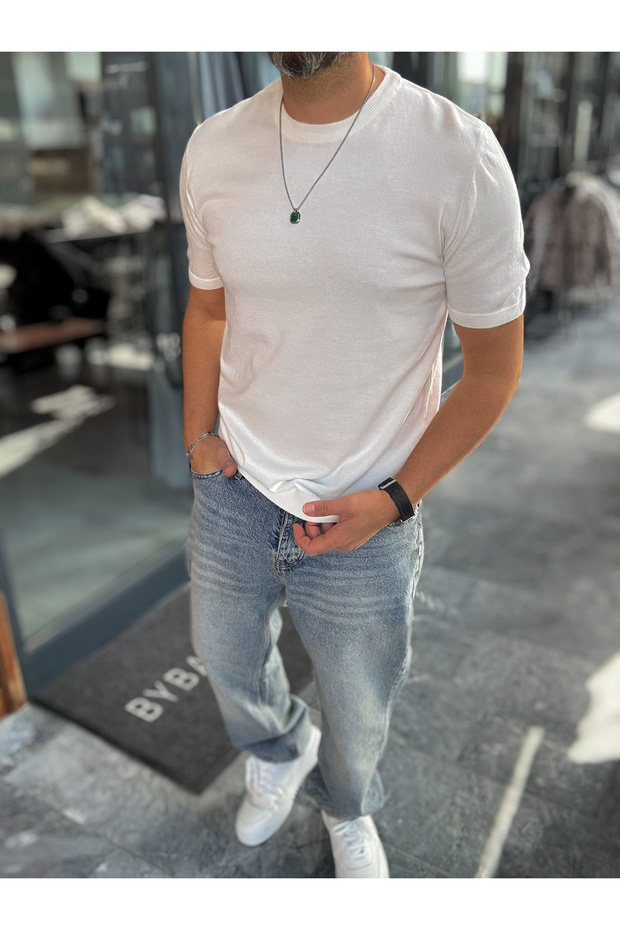 White Basic Knitwear T-Shirt G-16360 - 3