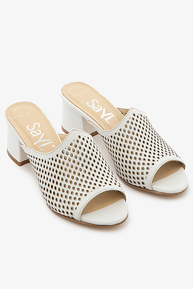 White Genuine Leather Perforated Women's Heeled Slippers