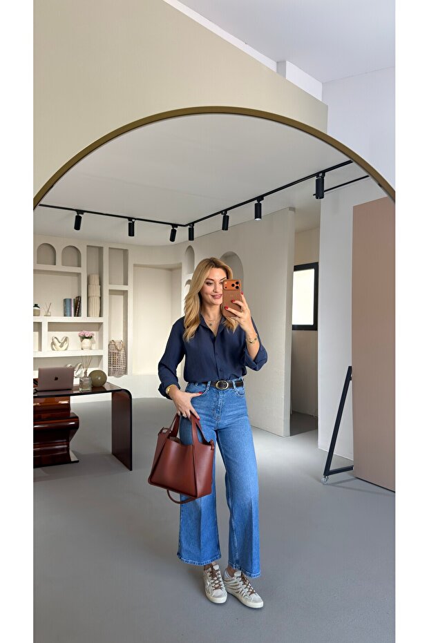 Premium Series Belt Detail Ironed Blue Flare Jean