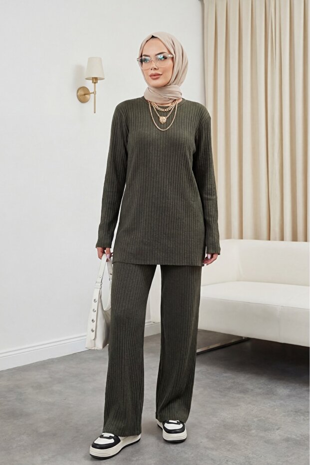 Khaki Color Crew Neck Camisole Suit Set