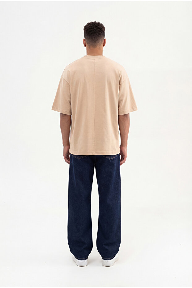 Erkek Basic Pamuklu Super Oversize Tişört Bej - 8