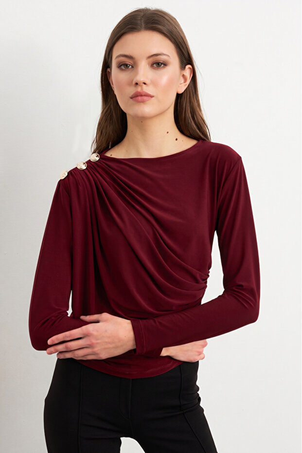 Women's Burgundy Button Detailed Gathered Blouse App1223-1