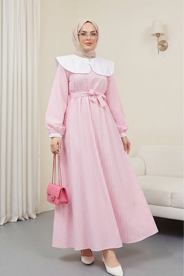 Baby Collar Striped Long Dress with Elastic Waist - Pink