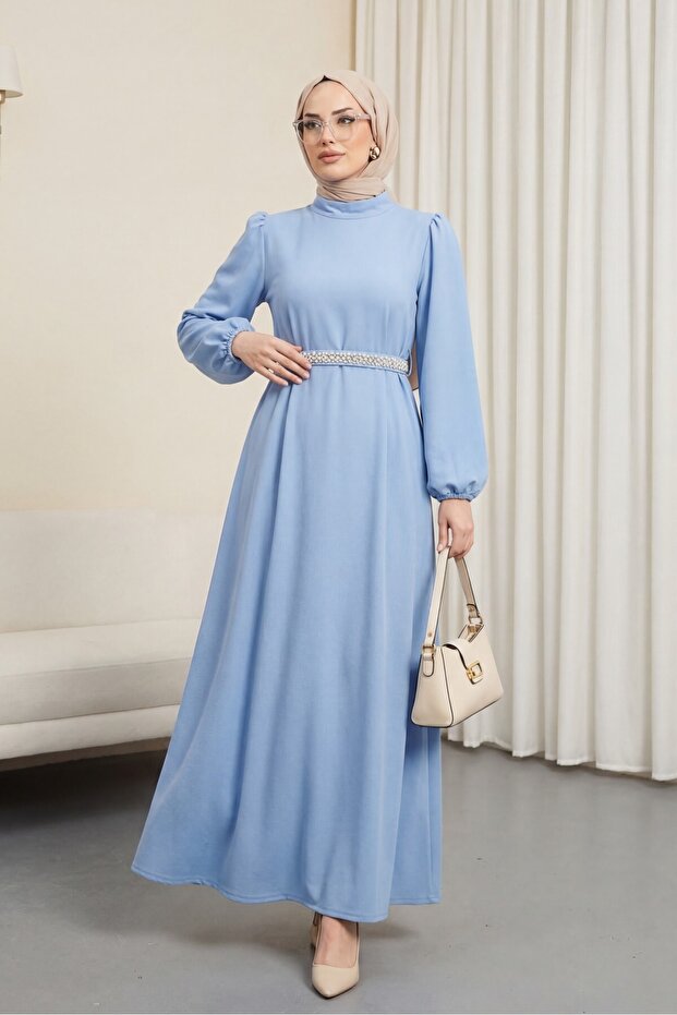Hakim Collar Balloon Sleeve Belted Dress - Baby Blue
