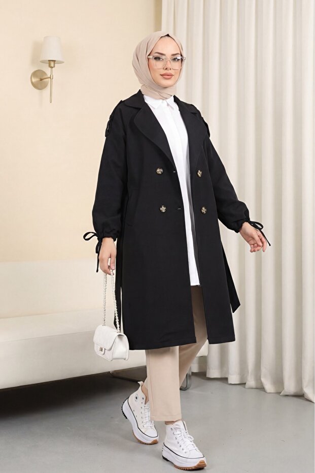 Trench Coat with Flap Pockets and Tie-Down Sleeves - Black