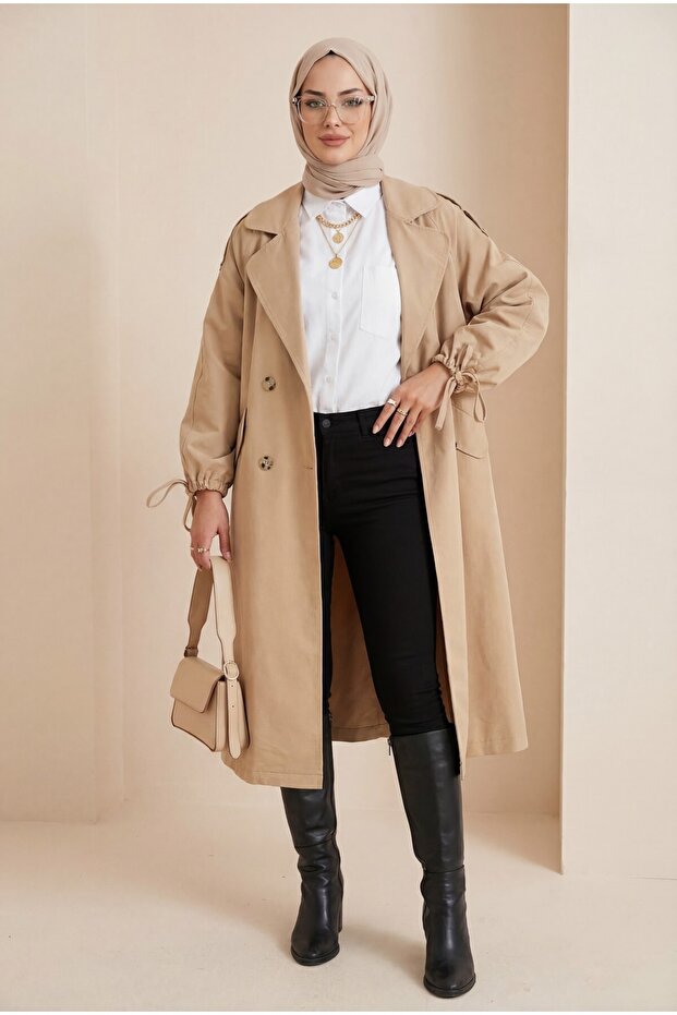 Trench Coat with Flap Pockets and Lace-Up Sleeves - Mink