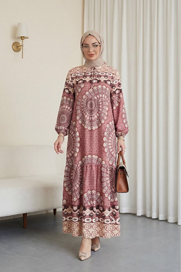 Patterned Lace-Up Dress with Elastic Sleeves -G.Kurusu