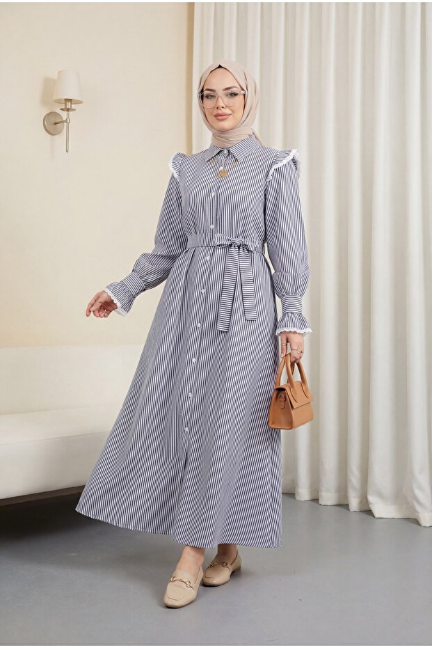 Buttoned Front Lace Detailed Belted Dress - Navy