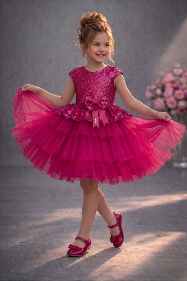 Girl's Fuchsia Tulle Evening Dress