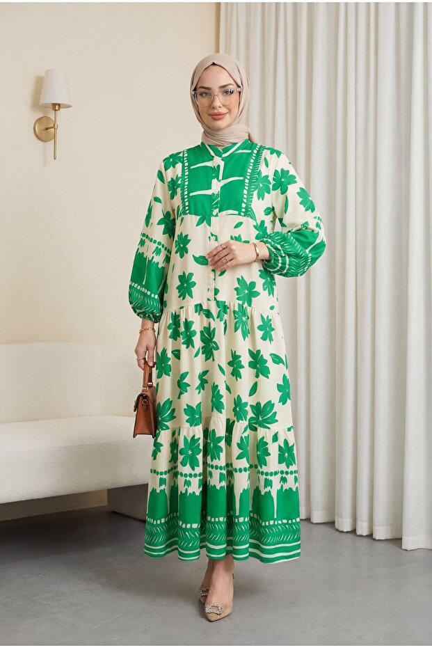 Half-Buttoned, Elasticated Sleeve, Patterned Dress - Green