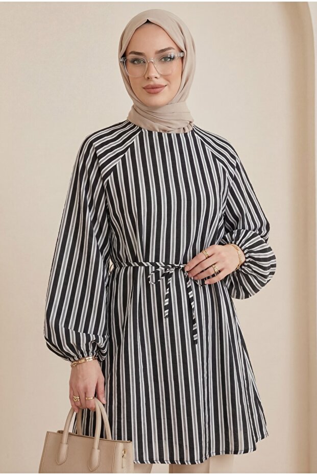 Balloon Sleeve Waist-Tied Lined Striped Tunic - Black