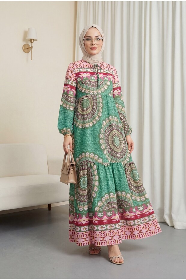 Patterned Lace-Up Dress with Elastic Sleeves - Green