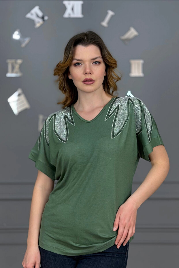 Women's Green Large Size V-Neck Shoulders Leaf Crystal Stone Embroidered Lycra Short Sleeve Buluz