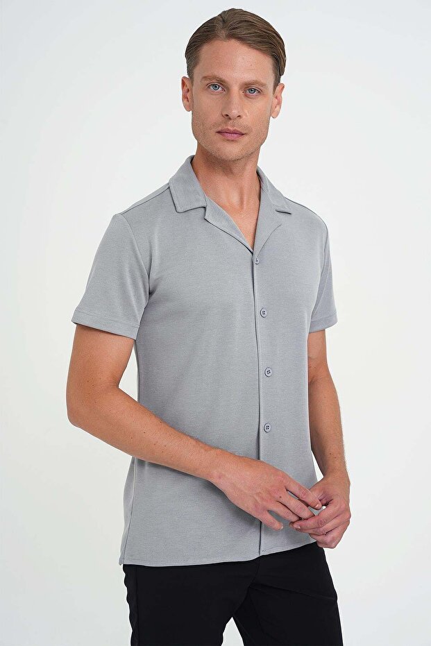 Men's Slim Fit Apaş Collar Modal Blend Short Sleeve Gray Shirt g 1590
