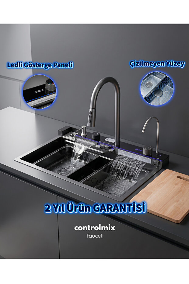 CONTROL MİX Akıllı Dijital Teknolojik 7 Fonksiyonlu Ledli Eviye Paslanmaz Bal Petek Tasarımlı Mutfak Evyesi