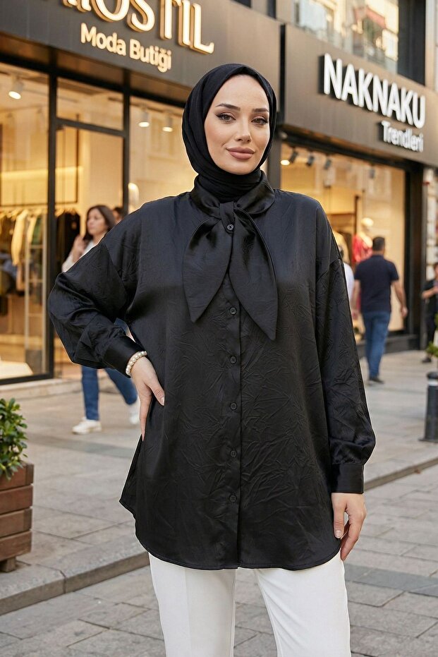 Collar Detail Satin Tunic-Black
