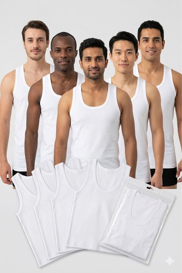 6 Pack Men's White Cotton Combed Undershirt Slim Fit Flexible Undershirt Set