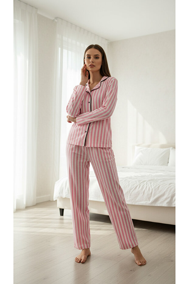 Striped Pink Shirt Long Sleeve Pajama Set