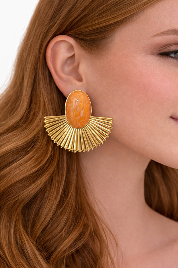 Gold Color Pearlescent Enamel Fan Oval Stone Stud Earrings (6Cm*5Cm)