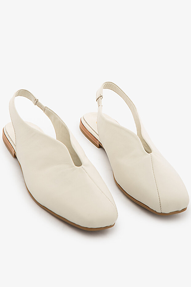 Cream Genuine Leather Ankle Elastic Slingback Women's Ballerina Shoes