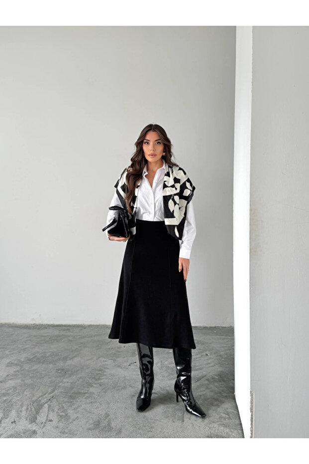 Midi Skirt with Side Stripes - Black