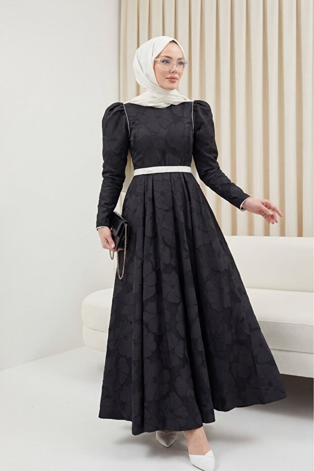 Belted Balloon Skirt Cold Print Caftan Evening Dress -Black