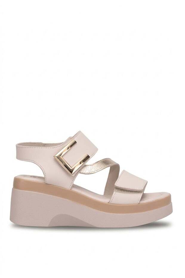 26138041Y Women's Genuine Leather Wedge Heel Sandals Beige