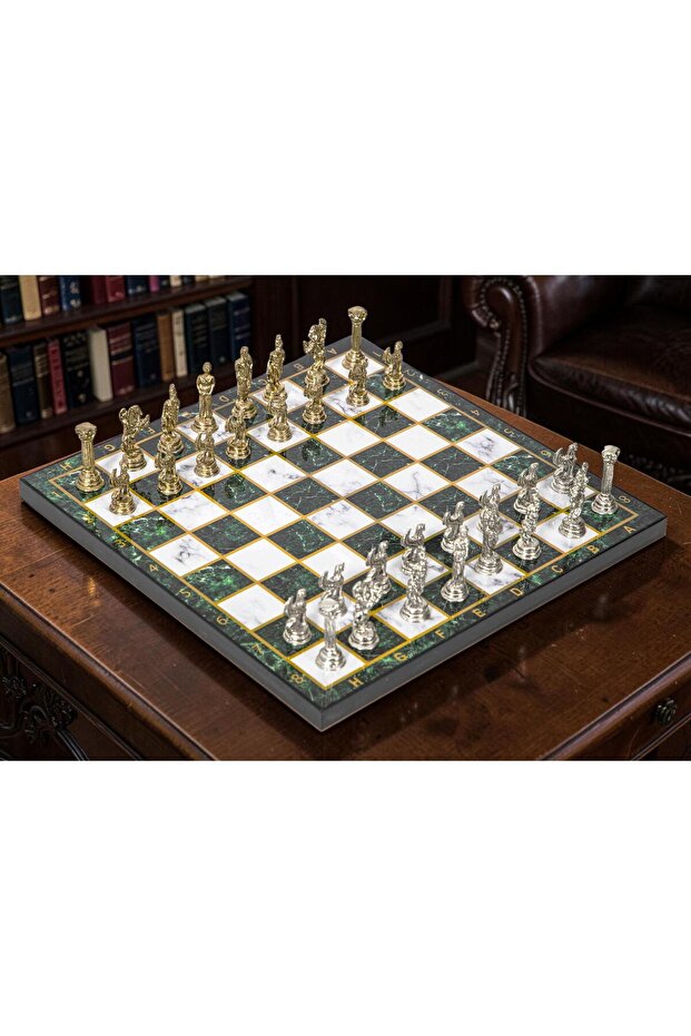 Luxury Metal Chess Set with Pegasus Figure, Chrome Plated, Emerald Green Marble Pattern, 20X20 Premium Set